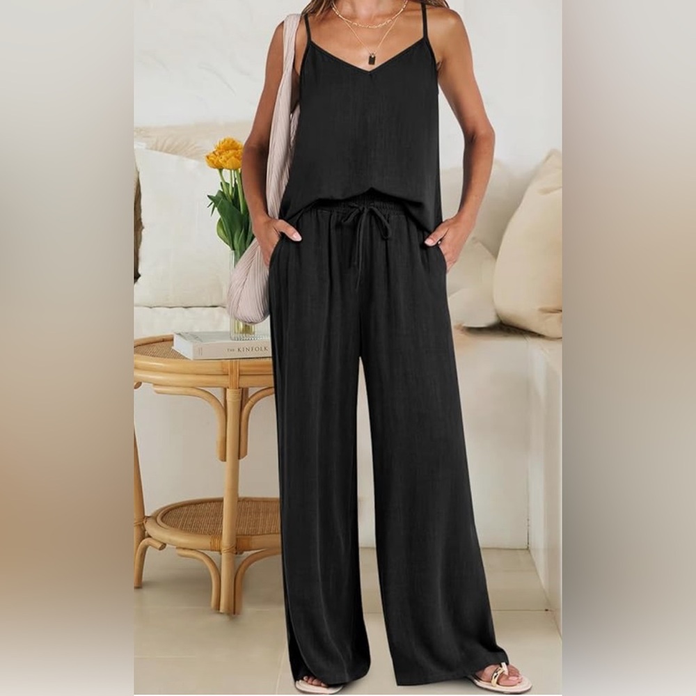 Women's 2 Piece Linen Lounge Set Casual Tank top Pants
